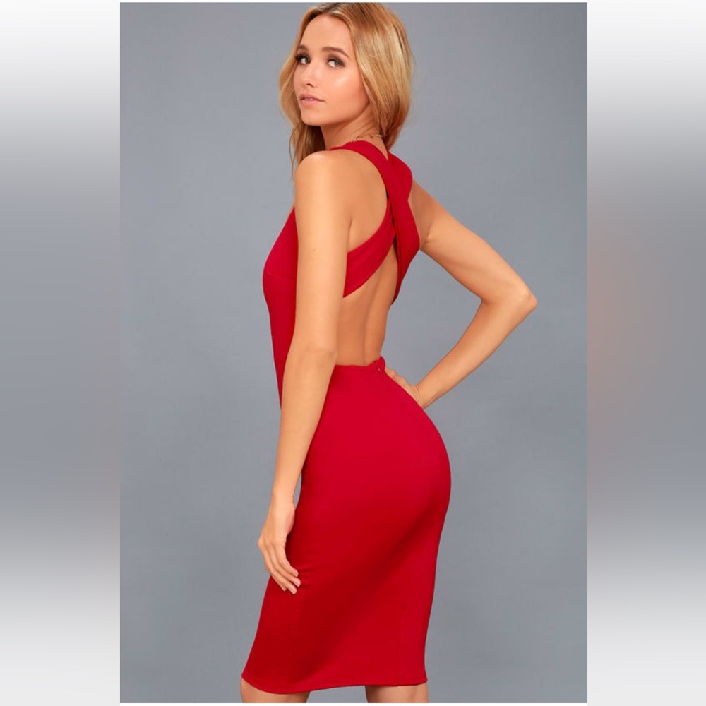 Lulu’s Darling Dance Red Backless Bodycon Midi Cocktail Dress